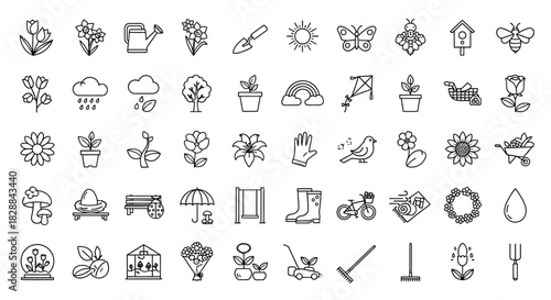Collection of Hand-Drawn Outline Icons Representing Spring and Gardening Activities.