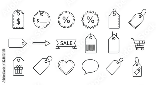 Collection of Hand-Drawn Sale and Price Tags with Various Icons.