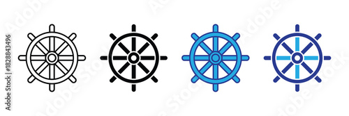 Collection of ship steering wheels, nautical helm icons in outline, solid, and blue color variations, isolated on white background