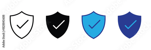 Collection of shield icons with checkmarks, representing security, protection, and verification across different styles and colors.