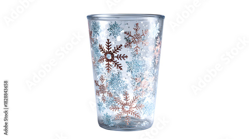 Clear acrylic holiday tumbler with suspended glitter snowflakes, isolated on white background