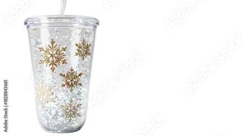 Clear acrylic holiday tumbler with suspended glitter snowflakes, isolated on white background