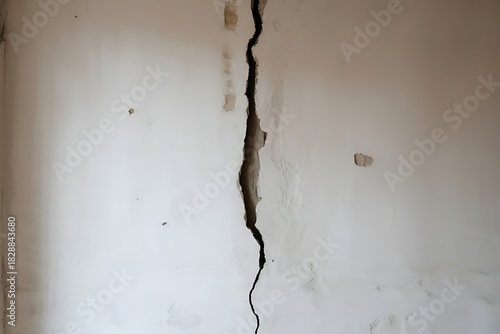 Severe vertical crack in aged interior wall plaster.