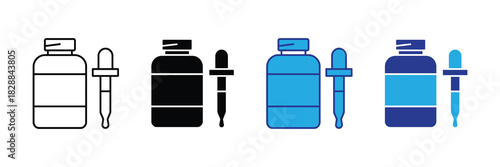Set of four dropper bottle icons representing different styles and colors for dispensing liquids, medical, and cosmetic use