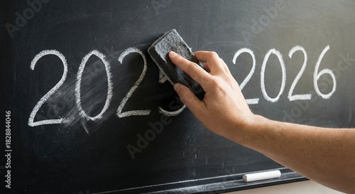 Hand Erasing 2025 From Blackboard Revealing 2026 In Chalk With Dust Particles Floating