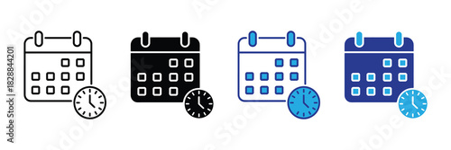 Set of four calendar and clock icons: outline, solid, blue outline, and blue solid, representing time and scheduling for any project.