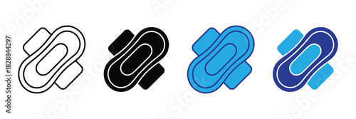 Set of four sanitary pad icons in outline, solid black, bright blue, and dark blue with white accents, isolated on white.