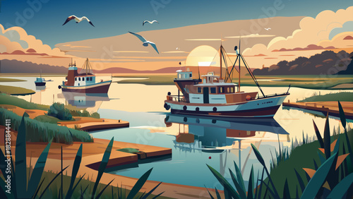 Very beautiful shrimp boats gliding through peaceful coastal marshes near Hunting Island and St. Helena Island, showcasing winding waterways, lush grasses, soft sky tones, and a serene Lowcountry atmo