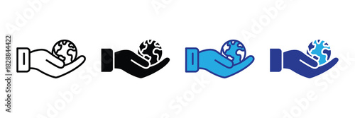 Hand holding planet earth globe icon with different styles and colors representing global care, international business, and environmental conservation
