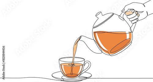 Hand pouring tea from a teapot into a cup in a continuous line drawing