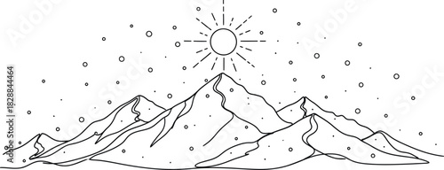 Minimalist mountain range illustration with sun and snow in black and white art