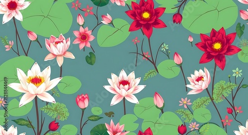 Vibrant Water Lilies Pattern Serene Floral Design on Teal Background.