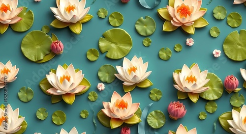 Vibrant Water Lilies and Lily Pads on Serene Turquoise Surface.