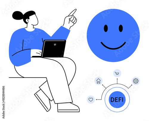 Decentralized finance concept. User with laptop exploring DeFi and its applications. Decentralized finance transforming banking with innovative tools. Ideal for fintech, blockchain, cryptocurrency