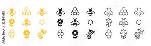 Bee and Honeycomb Line Icons Set