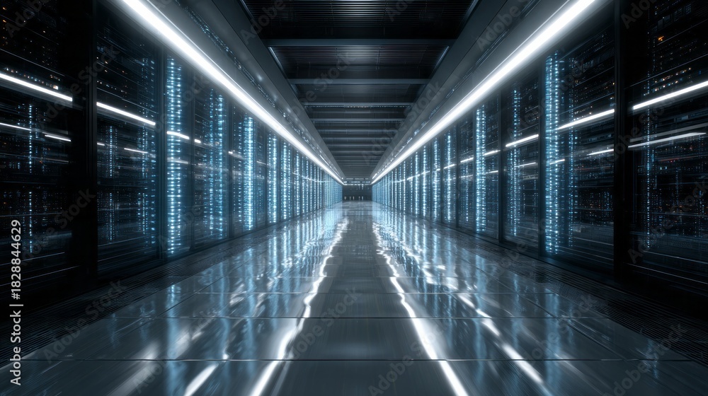 Fototapeta premium Futuristic data center hallway with illuminated server racks.