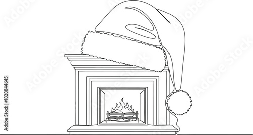 Santa hat rests on a fireplace mantel in a single line drawing style art