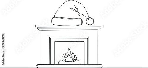 Santa hat on fireplace mantel with burning fire in a continuous line drawing