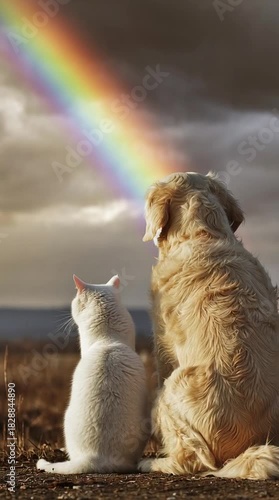 Dog and cat watching a rainbow in the sky outdoors