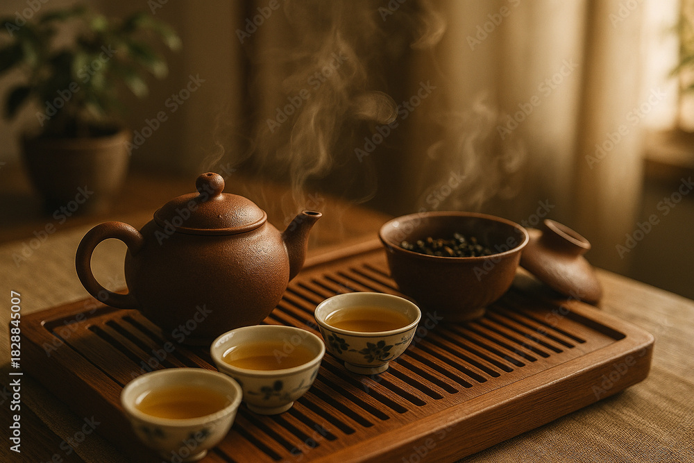 Fototapeta premium Steaming Tea Ceremony with Clay Teapot and Cups