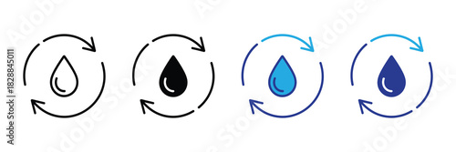 Set of four water drop icons with circular arrows indicating a recycling or refresh process, presented in line and solid styles, black and blue colors