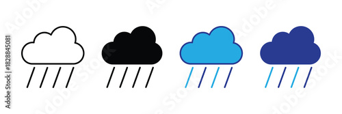 Set of simple rain cloud icons with falling rain streaks in outline, solid black, blue, and dark blue variations