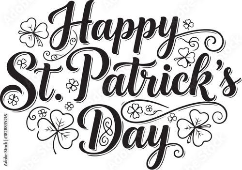 Vector art of happy st patricks day handlettered text with shamrocks
