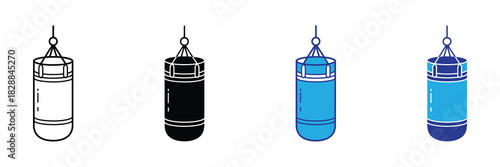 Collection of hanging punching bags with varied styles: outline, silhouette, and colorful flat design for boxing training and fitness.