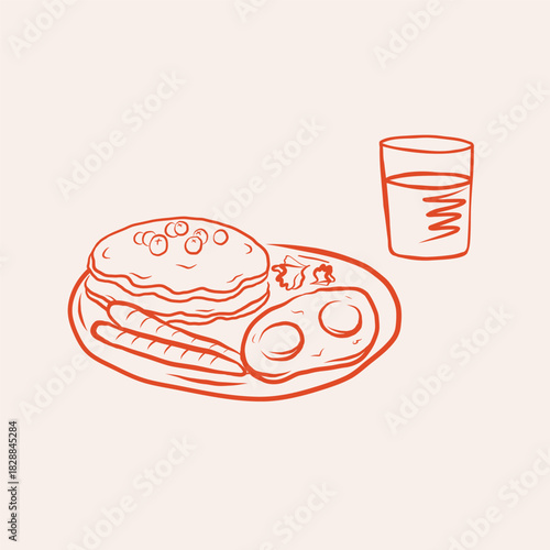American breakfast graphic. Hand drawn Pancake, fried eggs, sausage and juice. Line art food illustration. Morning, lifestyle. Design for card, poster, menu