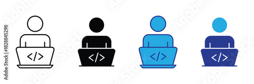 Diverse programming icons showcasing a person interacting with a laptop displaying code symbols, representing digital work and software development concepts.