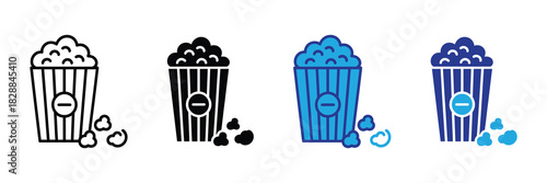 Collection of four popcorn bucket icons, illustrating different styles from outline to solid fill, for cinema and snack themes