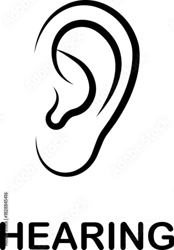 Hearing ear icon in black flat line style, auditory sense symbol illustration pack of sound listening signs, outline ear graphic bundle for sensory perception elements