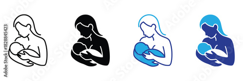Mother breastfeeding baby icon, illustration of nurturing bond, motherhood symbol in various styles: line art, silhouette, color fills
