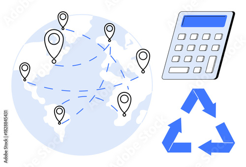 Earth with marked locations, calculator for financial planning, and blue recycling arrows. Ideal for sustainability, logistics, recycling, eco-consciousness, global commerce, finance