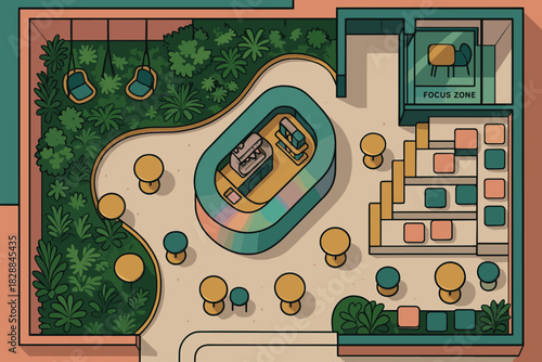 Whimsical co-working space design with focus zone and verdant landscape for creative inspiration and modern business, perfect for innovative companies