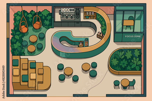 Vibrant coffee shop floor plan showcasing modern design, inviting seating, and dedicated focus zone to elevate your brand with a stylish, trendy atmosphere