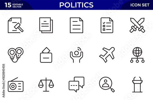 Politics outline Icon Set. A comprehensive collection of icons representing political themes.Thin outline icons pack. Vector illustration
