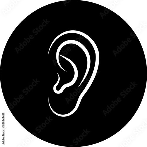 Hearing ear icon in black flat line style, auditory sense symbol illustration pack of sound listening signs, outline ear graphic bundle for sensory perception elements