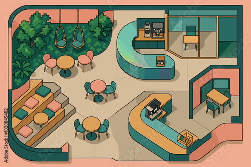 Stylish co-working space illustration for modern business concepts, showcasing collaboration zones and relaxed seating for creative professionals, ideal for presentations