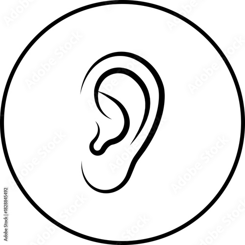 Hearing ear icon in black flat line style, auditory sense symbol illustration pack of sound listening signs, outline ear graphic bundle for sensory perception elements
