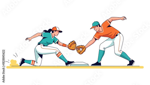 Intense softball game action with runner sliding into base as fielder reaches for the catch, perfect for sports promotion and athletic designs