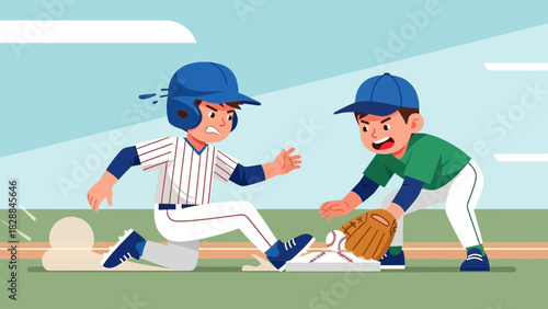 Exciting youth baseball game action with determined player sliding into base as opponent attempts tag, perfect for sports marketing and youth activities campaigns