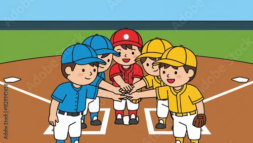 Youth baseball team huddle shows teamwork, sportsmanship and camaraderie on the field, ready for a winning game in a friendly competition, childhood joy