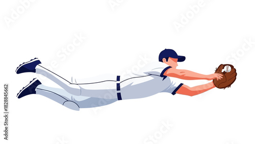 Dynamic baseball player diving for a catch, displaying athletic prowess and skill on the field, originally a scalable vector graphic, perfect for sports themes