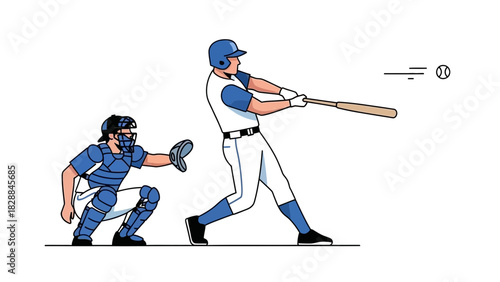 Dynamic baseball scene showcasing batter hitting ball with catcher ready to catch, perfect for sports marketing, team spirit, and athletic achievement campaigns