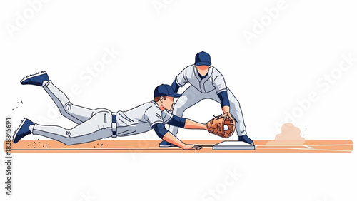 Dynamic baseball action showcasing a sliding player reaching for the base as the fielder prepares, perfect for sports articles, teamwork, and athletic themes