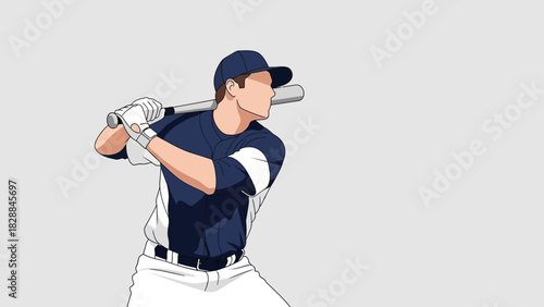 Intense baseball player in action, focused on the pitch, dynamic sports illustration, swinging baseball bat with power, determined athlete, vector graphics