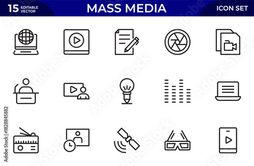 Mass media line icons set. media business concept. Media outline icons set.Thin outline icons pack. Vector illustration