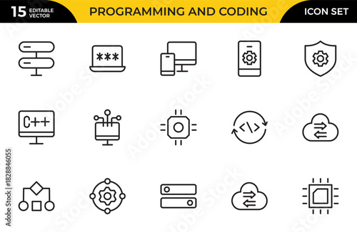 Programming and coding icon set. Contains such Icons as code, api, programmer, developer, information technology, coder. Thin outline icons pack. Vector illustration