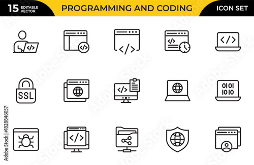 Programming and coding icon set. Contains such Icons as code, api, programmer, developer, information technology, coder. Thin outline icons pack. Vector illustration
